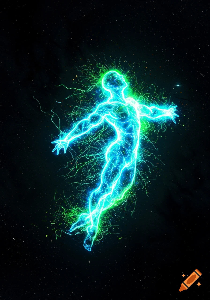 A luminous humanoid figure composed of blue and green energy with lightning-like tendrils floats against a starry black background.
