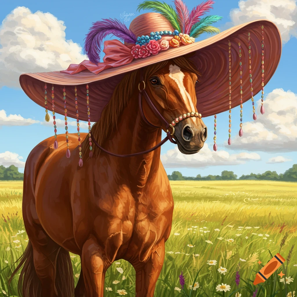 A brown horse wearing a large, elaborately decorated sun hat stands in a sunny, green field.
