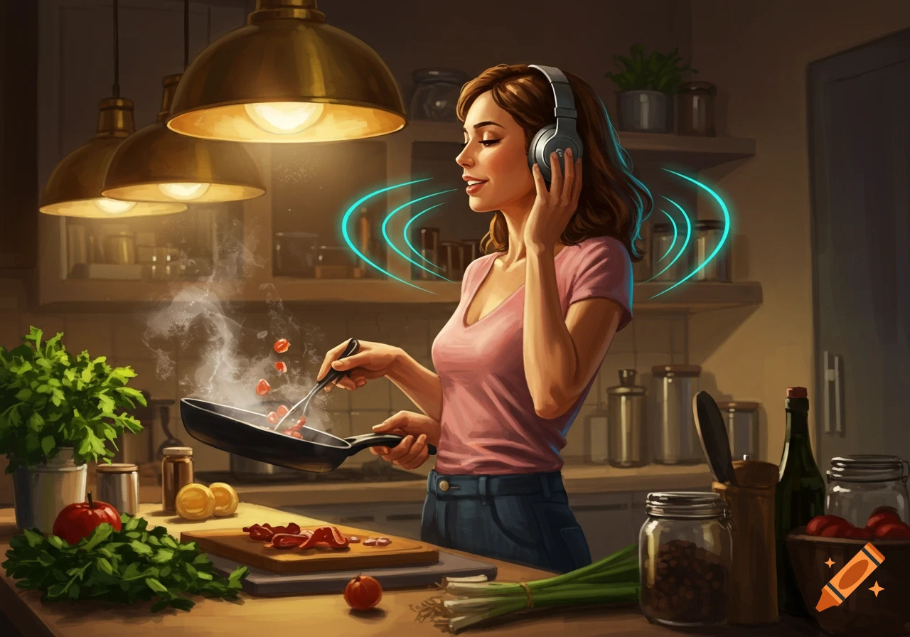 A woman cooking in a kitchen while wearing headphones, with steaming food in a pan and fresh ingredients on the counter.