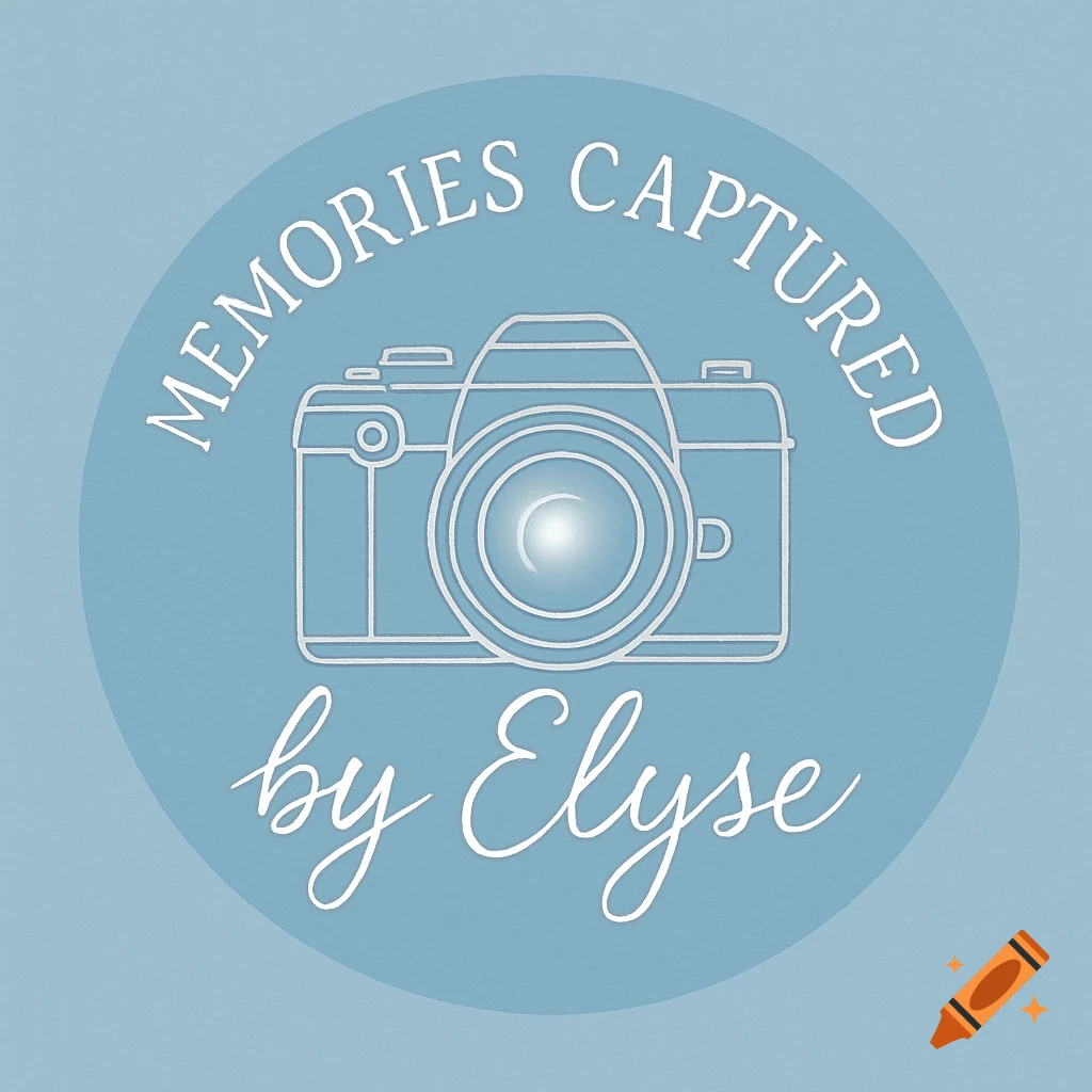 A light blue circular logo featuring a white outline of a camera, with the words "MEMORIES CAPTURED" arced above and "by Elyse" in cursive below.