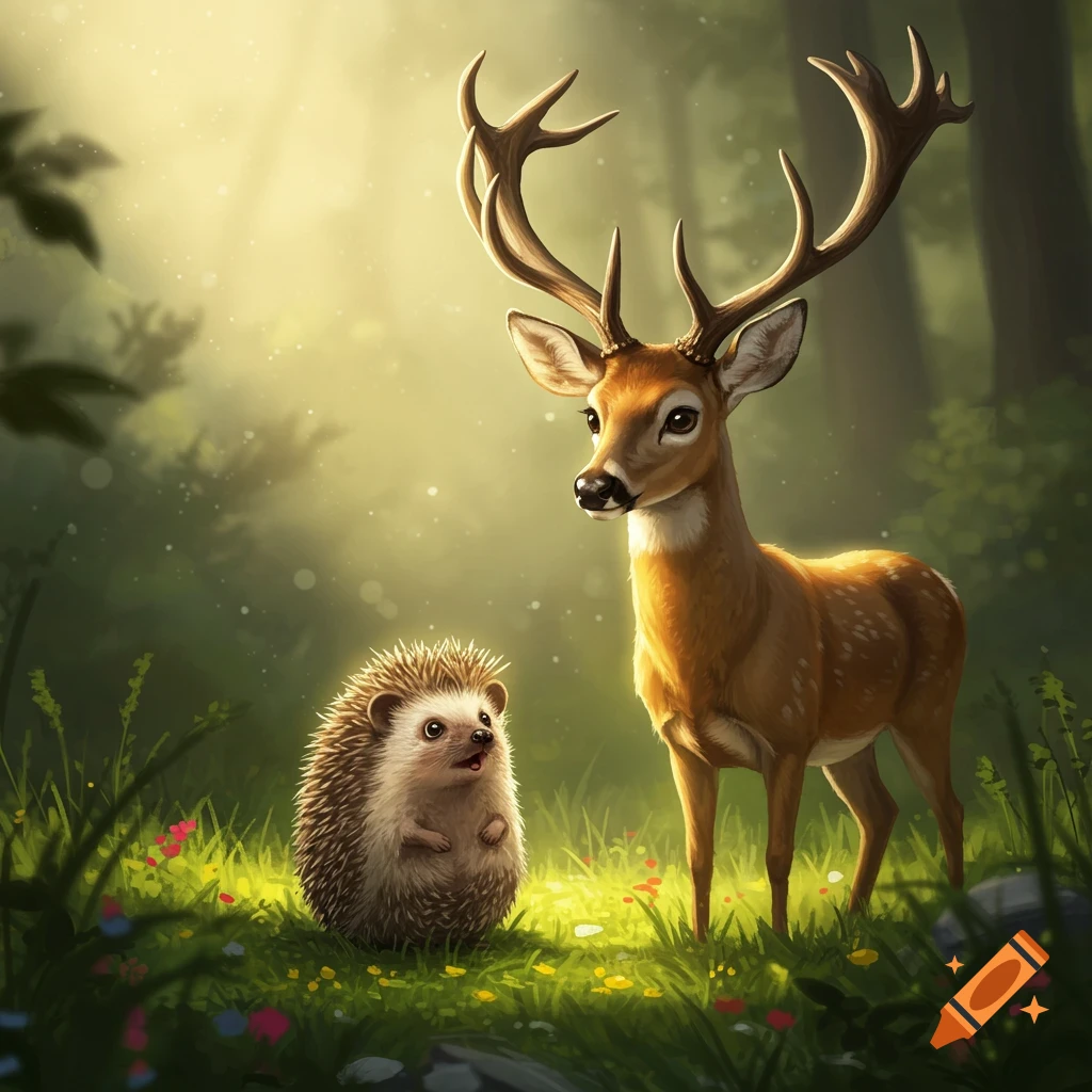 A cute hedgehog and a proud stag stand in a sunlit forest clearing with green grass and wildflowers.