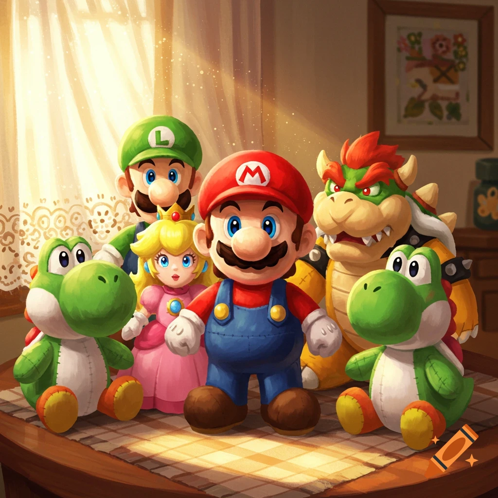 Plush toy versions of Mario, Luigi, Princess Peach, Bowser, and two Yoshis gathered on a wooden table indoors.