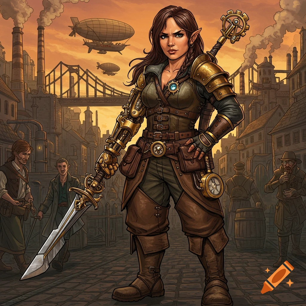 A female character with brown hair and a steampunk mechanical prosthetic arm holds a sword in a steampunk city with airships and industrial buildings.