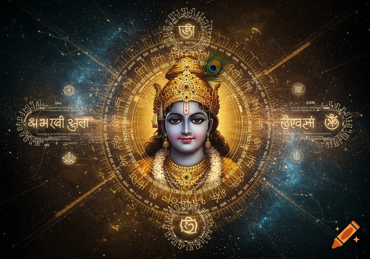 Digital rendering of a blue-skinned Hindu deity, possibly Krishna, adorned with a golden crown and jewelry, surrounded by concentric circles of glowing golden symbols and text against a cosmic, starry background.