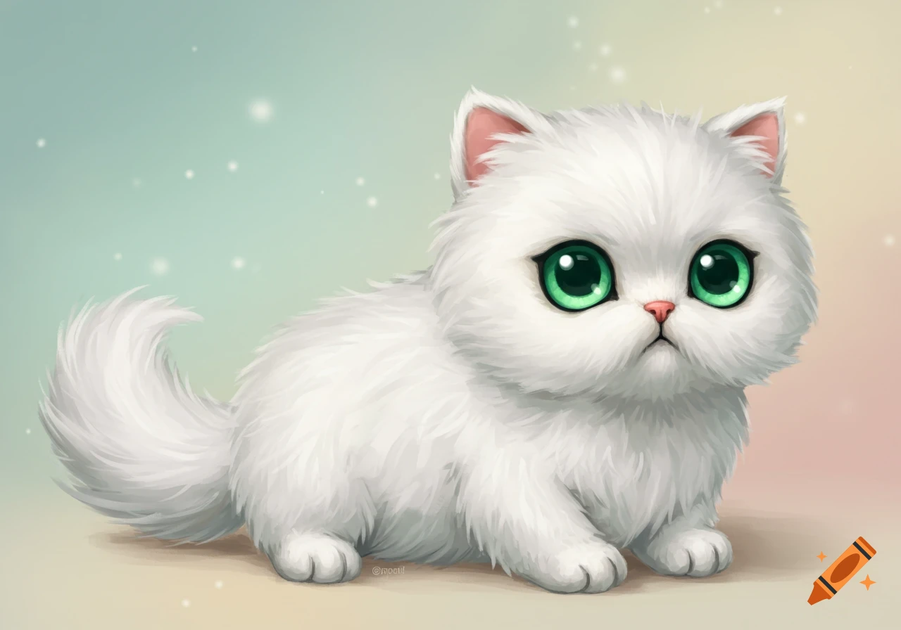 Fluffy white kitten with large green eyes in a stylized illustration.