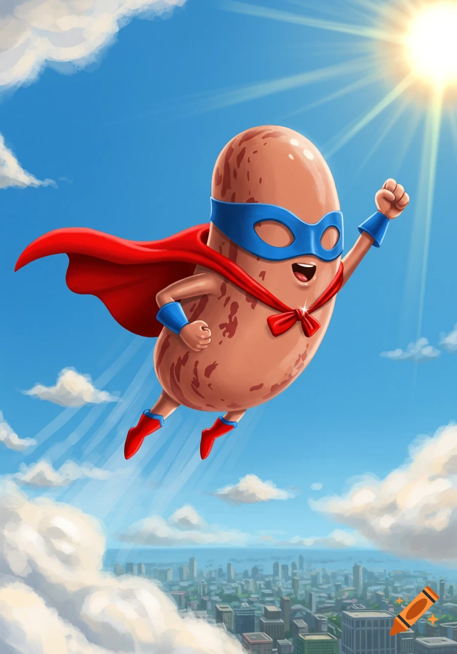 A cartoon pinto bean superhero in a red cape and blue mask flies over a city skyline under a sunny blue sky.