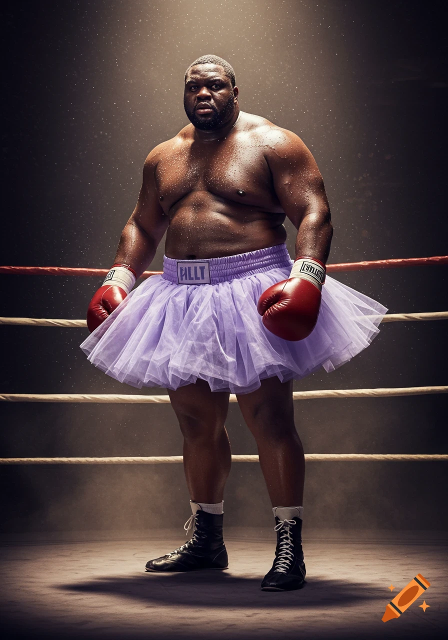 Muscular male boxer in a purple tutu and red gloves stands in a boxing ring, sweat glistening on his skin.