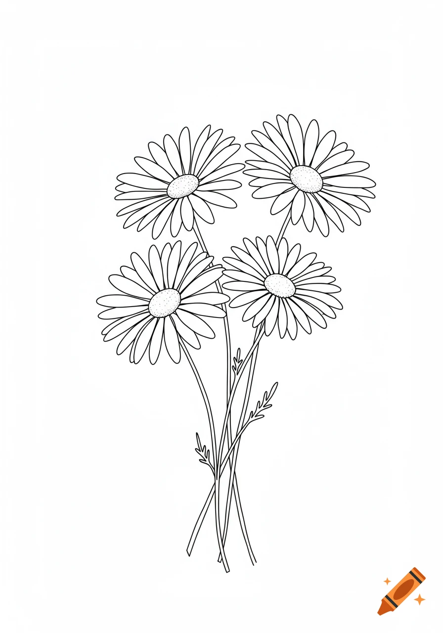Black and white line art drawing of four daisies with stems.