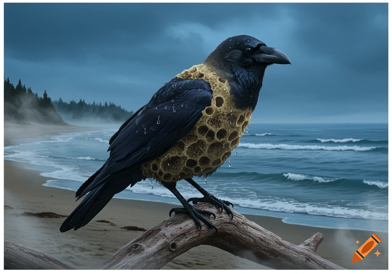 A black crow with a porous, golden sponge body perches on a log at a misty beach with an ocean and cloudy sky.