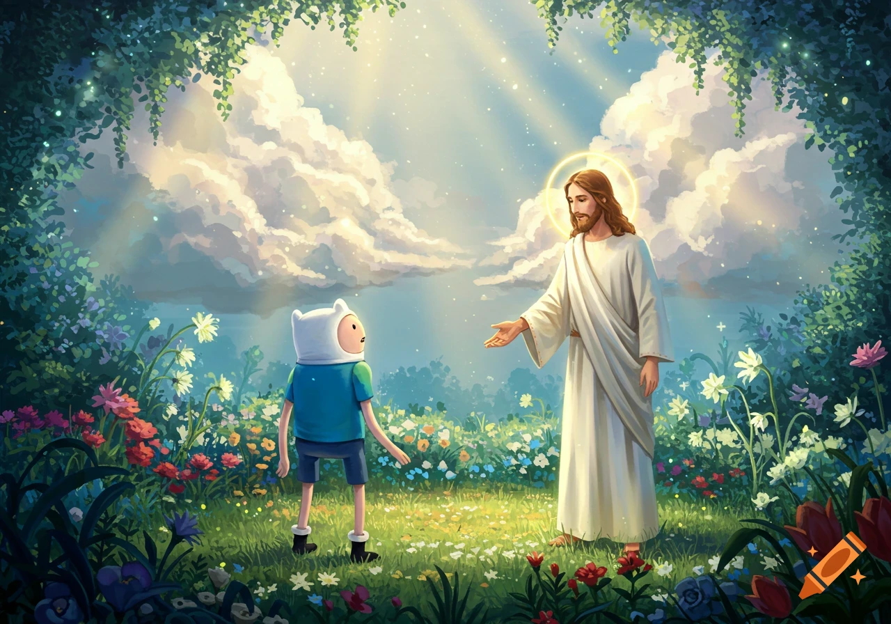 Finn the Human faces Jesus Christ in a vibrant, sunlit flower field with trees and clouds, in a digital art style.