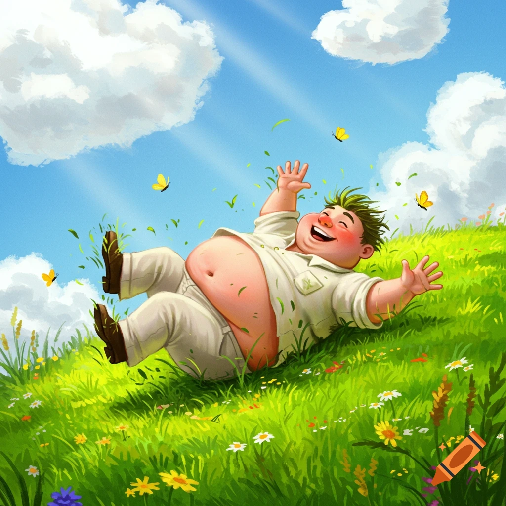 A happy, cartoon man with a round belly laughs while rolling down a green grassy hill under a blue sky with butterflies.