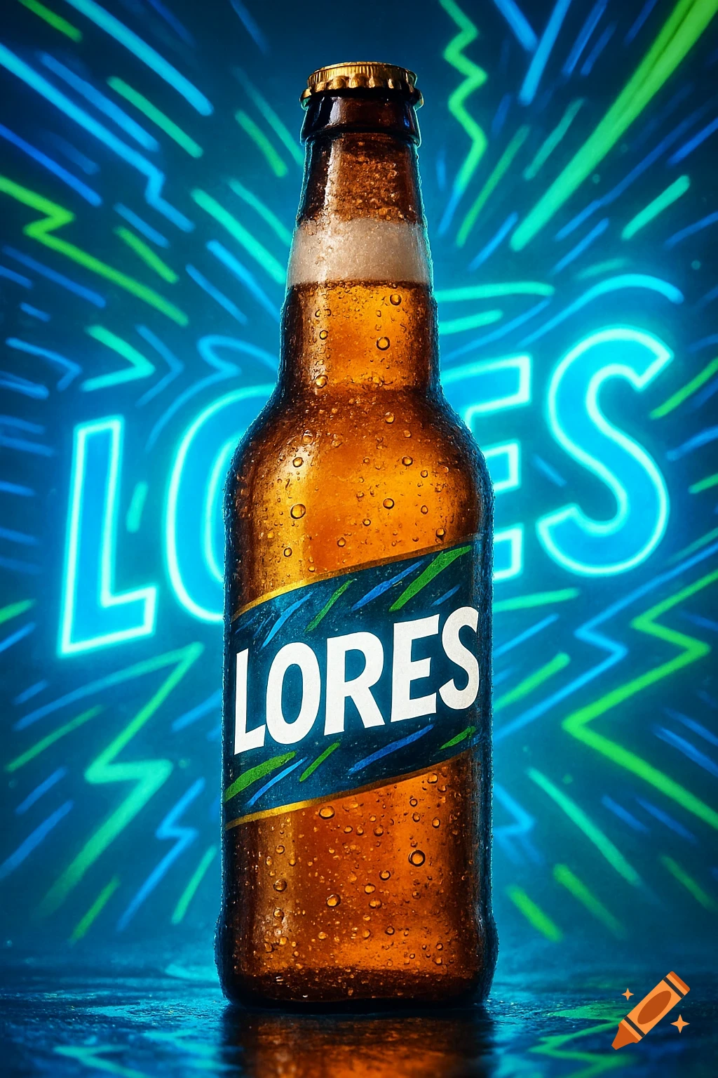 A cold beer bottle with 'LORES' label stands against a vibrant blue background with glowing neon 'LORES' text and patterns.