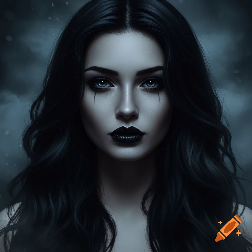 Close-up portrait of a woman with long black wavy hair, striking blue eyes, pale skin, and black lipstick, against a dark, misty background.