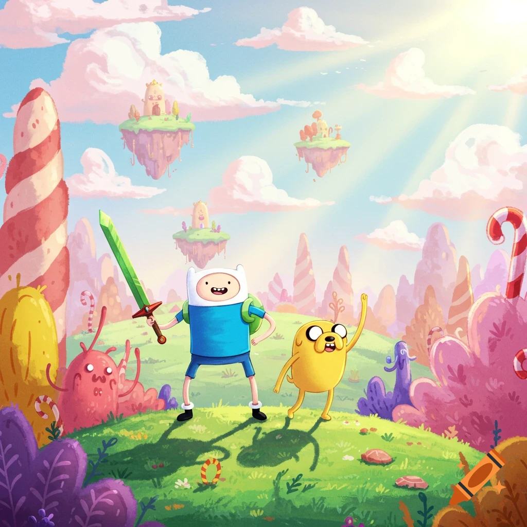 Finn and Jake from Adventure Time stand in a colorful candy-themed landscape with floating islands.
