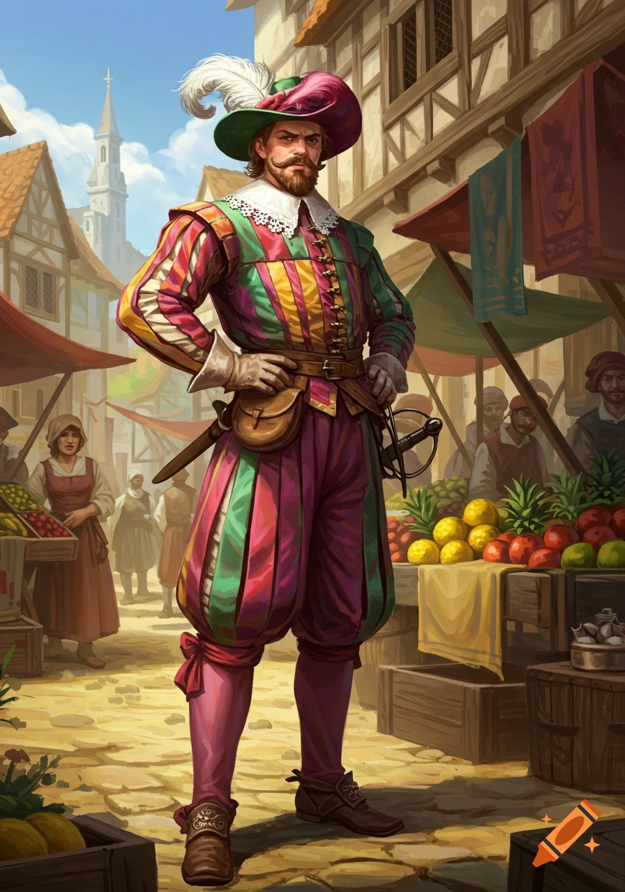 A man in colorful Landsknecht attire stands in a bustling historical market street, hands on hips, with a feathered hat and sword.