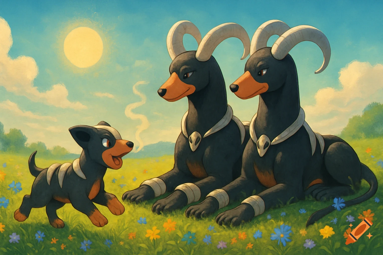 Two adult Houndoom sit as a baby Houndour walks towards them in a grassy field with colorful flowers under a sunny sky, in an illustration.