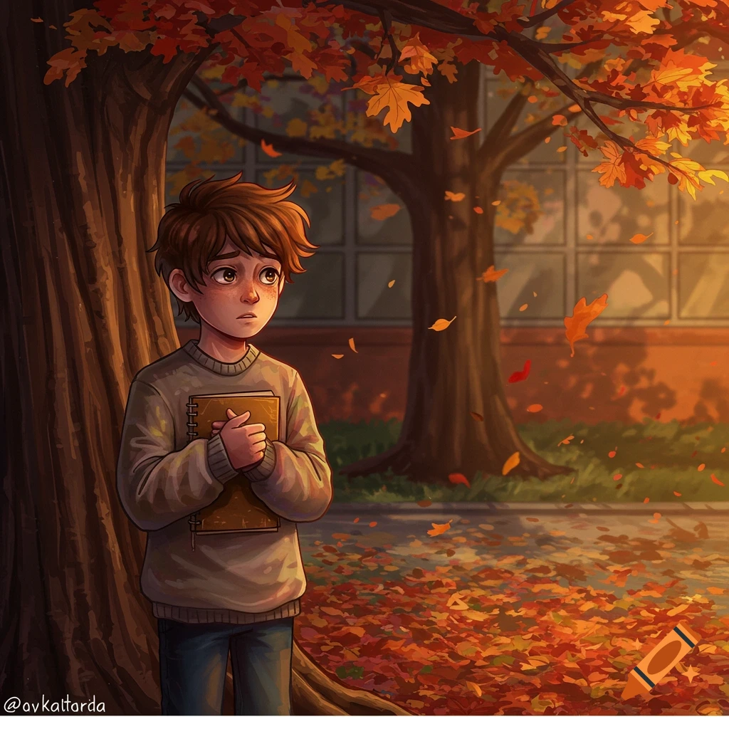 A sad boy with brown hair stands by a large tree, holding a book, surrounded by colorful autumn leaves in an illustration style.