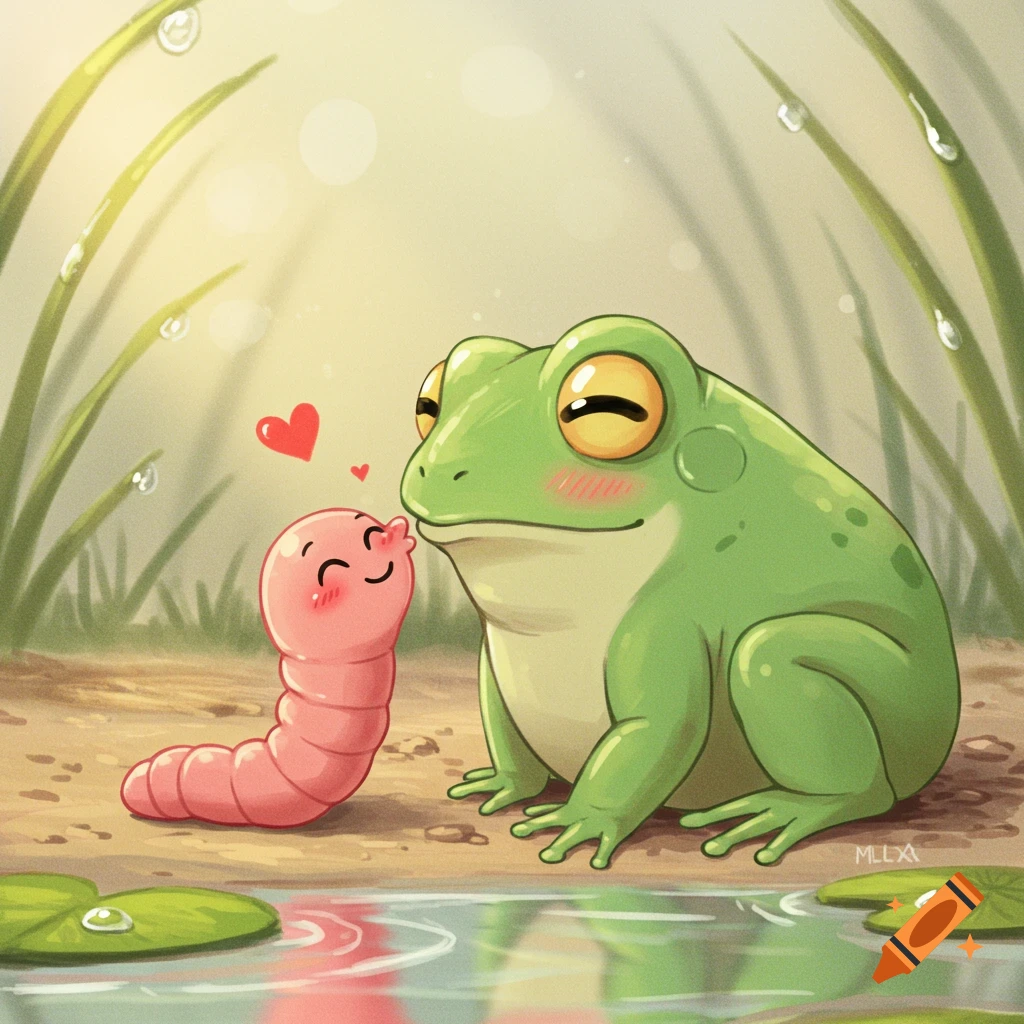 A cute cartoon frog and a pink worm with hearts above them, in a grassy, sunlit natural setting by a pond.