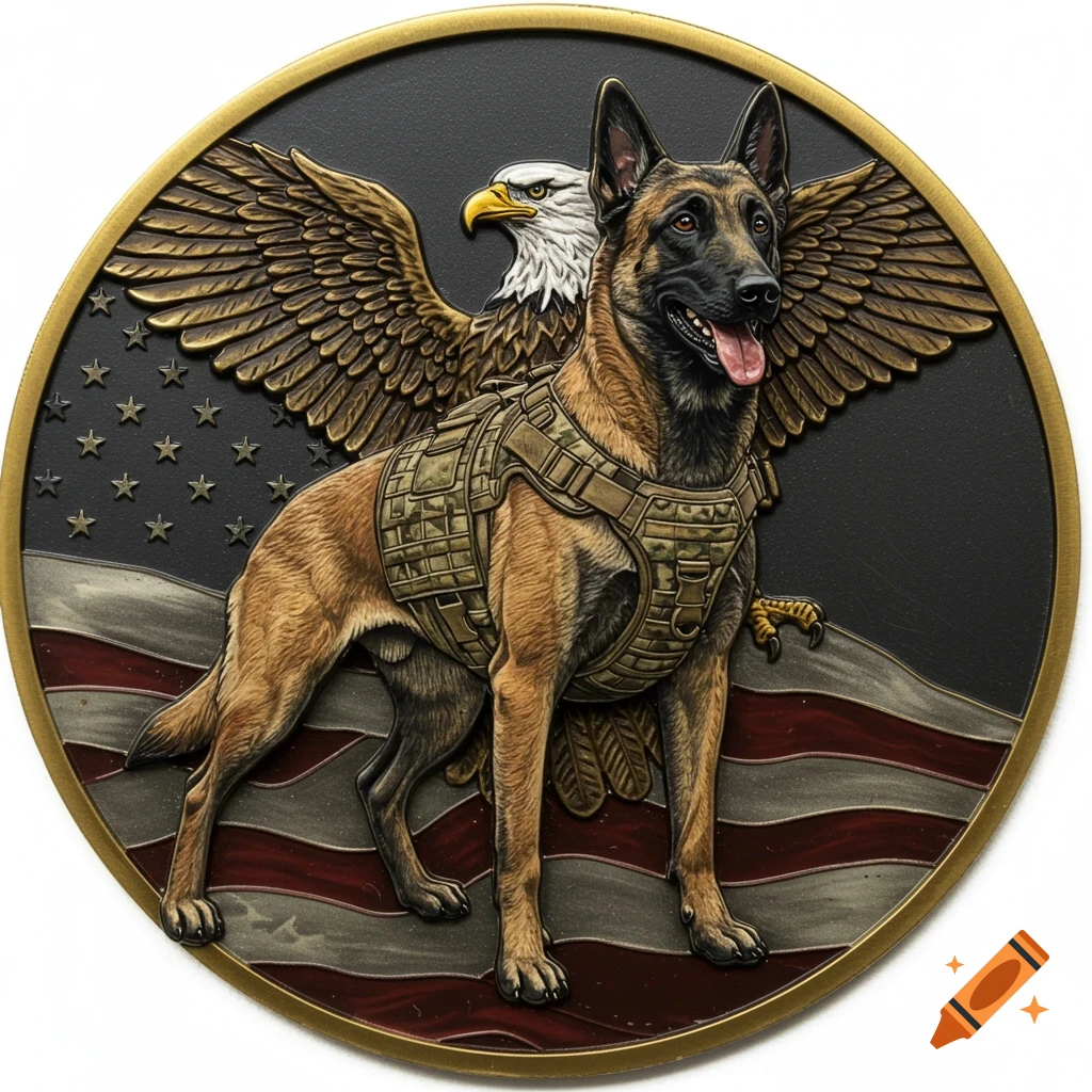 An embossed metallic challenge coin featuring a Belgian Malinois dog in military gear with a bald eagle and an American flag background.