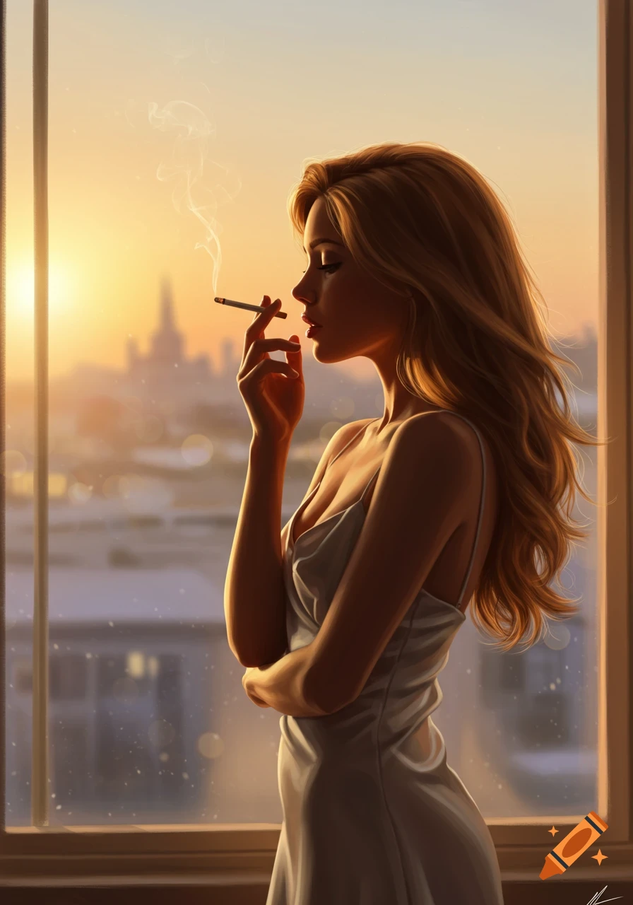 Illustration of a woman in a white slip smoking by a window at sunrise, with a city silhouette in the background.
