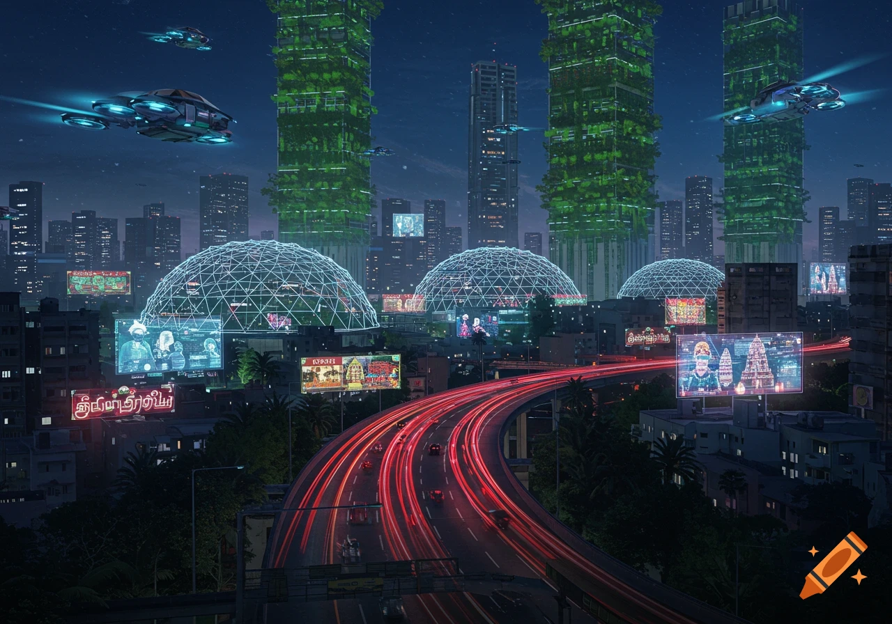Futuristic Chennai cityscape at night with illuminated skyscrapers, flying vehicles, neon roads, and geodesic domes.