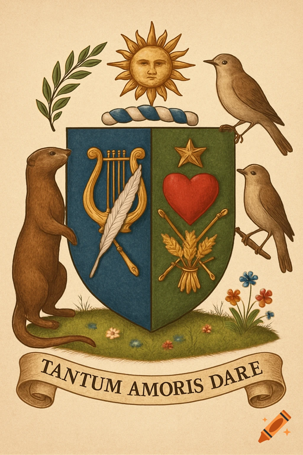 Traditional heraldic coat of arms with a blue and green shield, otter, nightingale, sun, and 'TANTUM AMORIS DARE' banner.