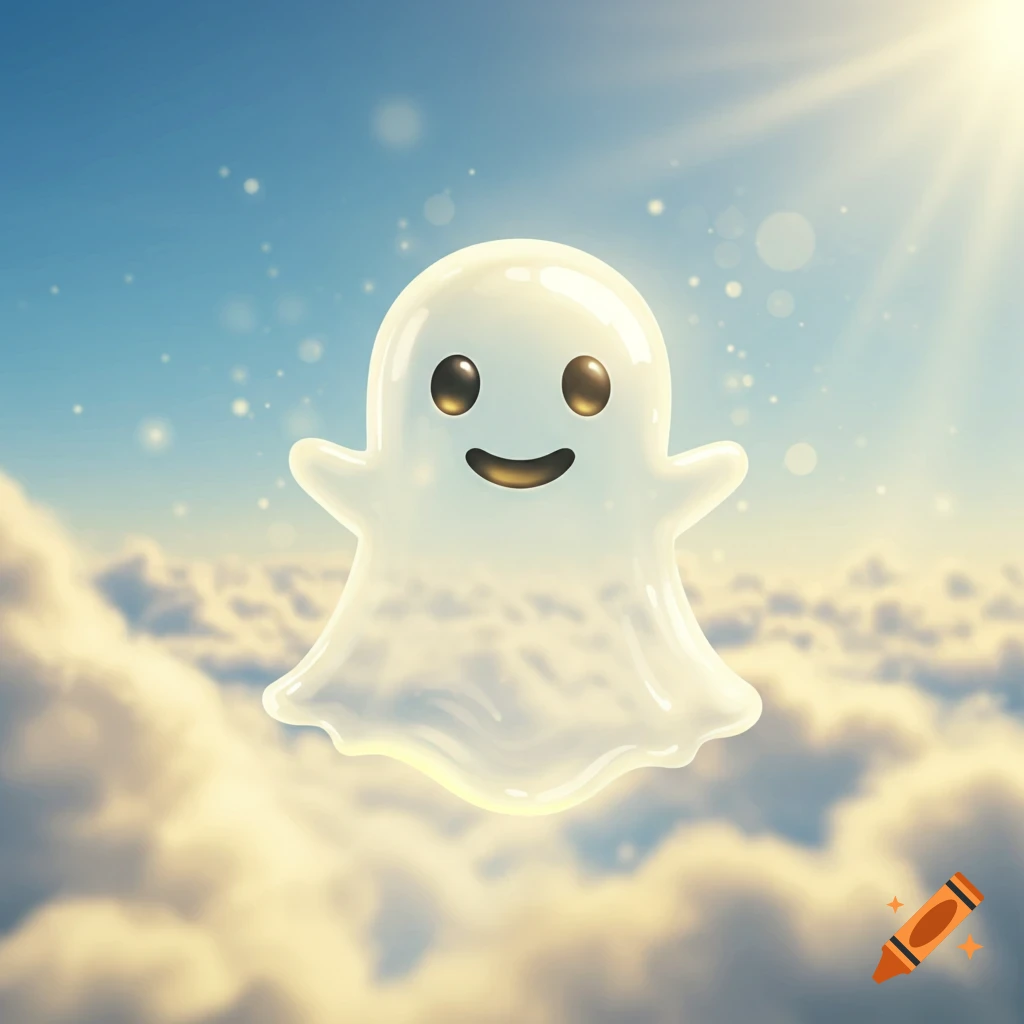 A translucent, smiling ghost character floats above clouds in a bright sky with sunlight.