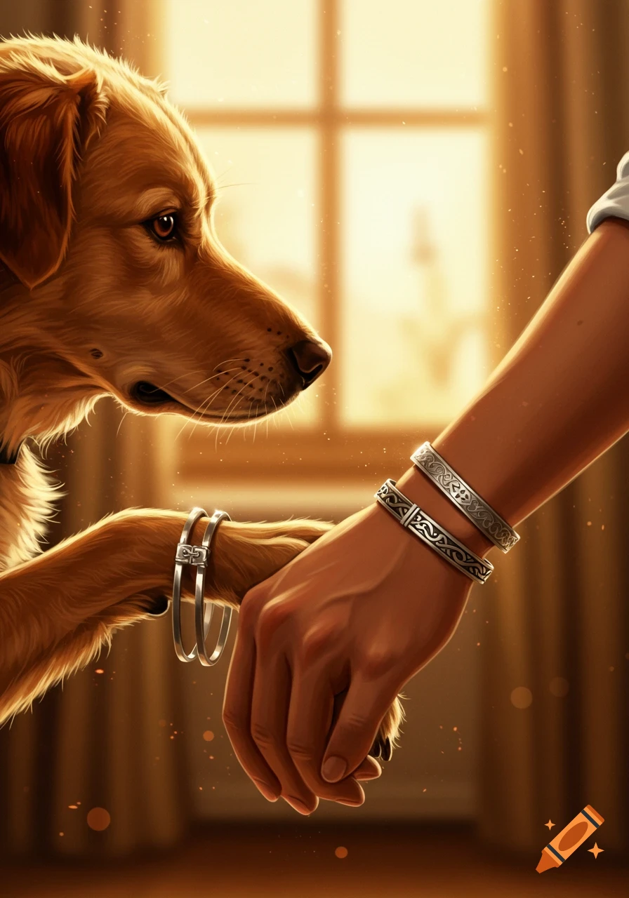 Digital painting of a golden retriever's paw and a human hand touching, both wearing silver bracelets, against a warm background.