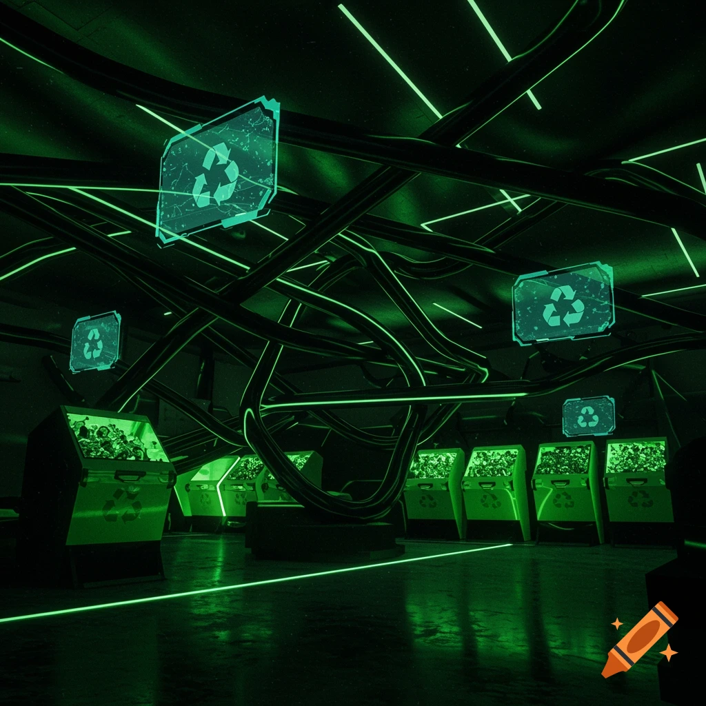 A futuristic, dark room with glowing green recycling bins and screens displaying recycle symbols amidst tangled cables and neon lights.
