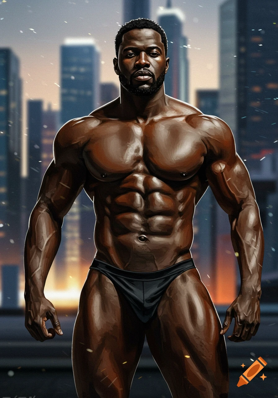 Muscular Black man in black posing trunks standing against a city skyline, in an illustrated style.