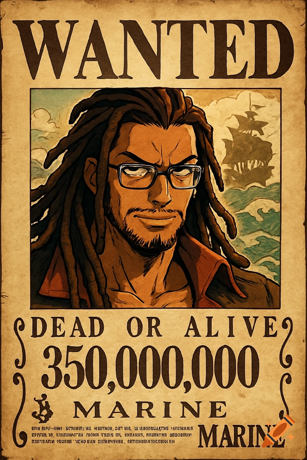 A One Piece style wanted bounty poster features a man with long dark brown dreadlocks and glasses. The text "WANTED" and "DEAD OR ALIVE 350,000,000 MARINE" are clearly visible, with some smaller garbled text below.