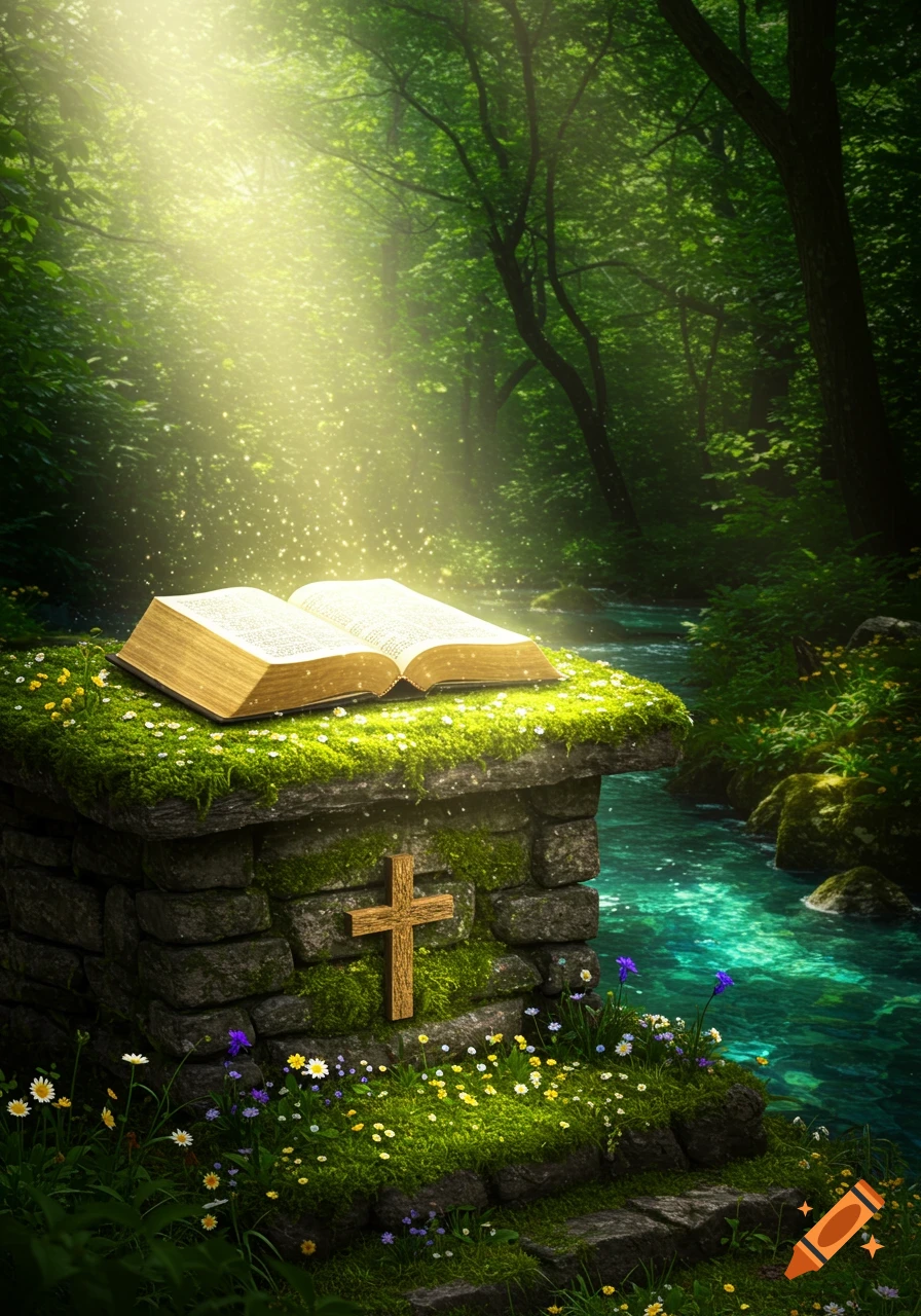 An open Bible bathed in ethereal light sits on a mossy stone altar with a wooden cross, beside a clear river in a lush, sun-dappled forest.