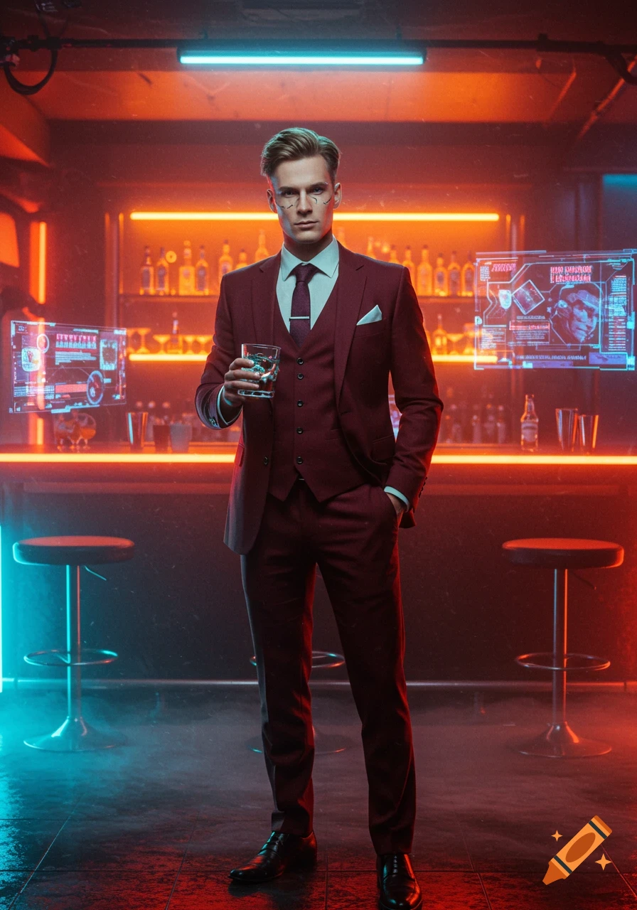 A young man in a dark red suit stands at a neon-lit bar, holding a drink, in a cyberpunk setting.