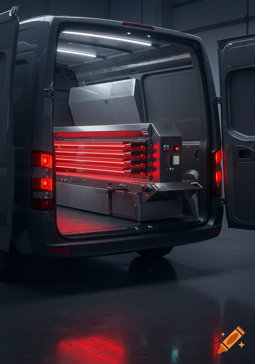 Rear view of a dark grey Mercedes-Benz Sprinter van with its back doors open, revealing a large industrial infrared oven conveyor glowing red inside.