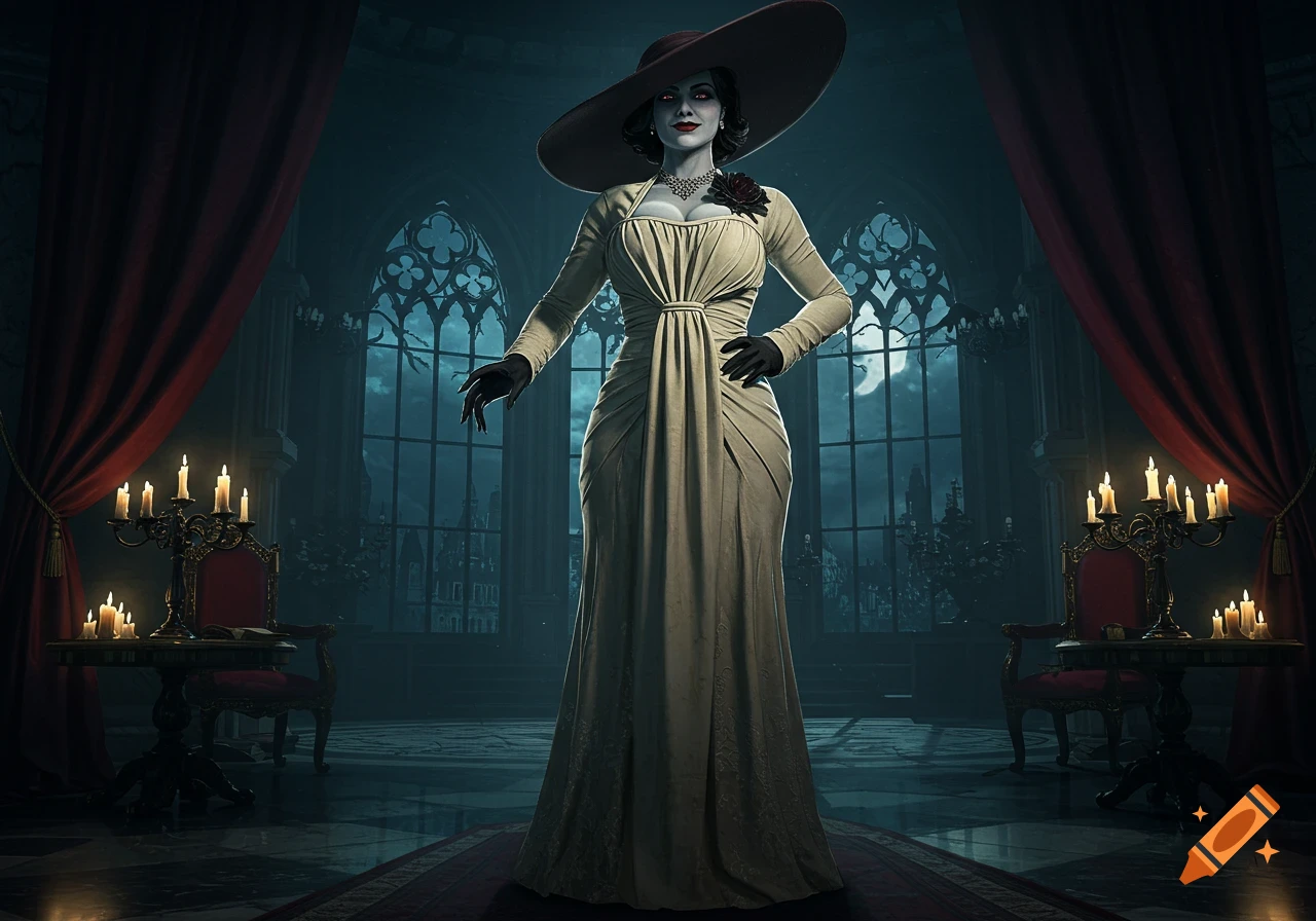 A tall woman in a cream dress and wide-brimmed hat stands in a gothic hall with candles and arched windows at night. Photorealistic.