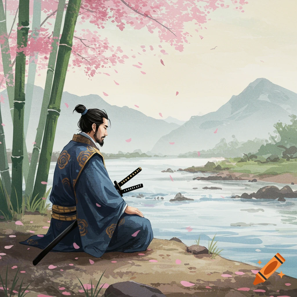 A Japanese-style painting of a samurai meditating by a river under bamboo and cherry blossom trees.