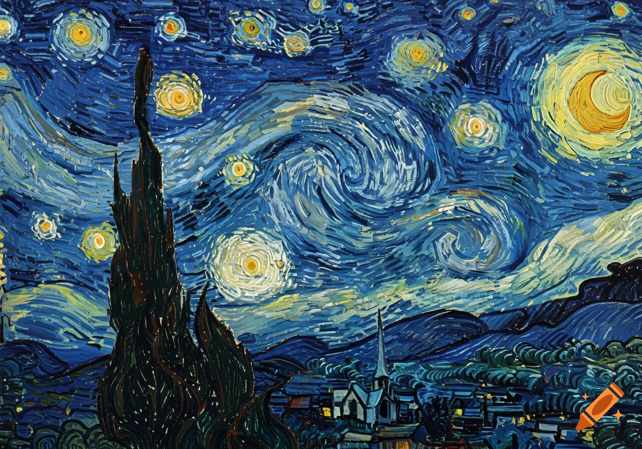 Van Gogh's Starry Night, a dark cypress tree on the left, swirling blue sky with yellow stars and moon, village with church below.