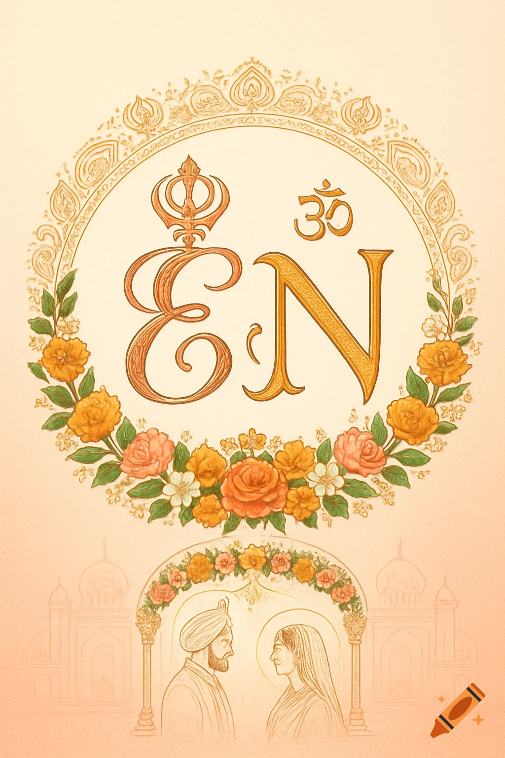 A cream-colored wedding logo with intertwined gold and copper initials E and N, adorned with Sikh Khanda and Hindu Om symbols, encircled by a floral wreath of marigolds and roses. Below, line art depicts a couple under a floral arch with temple outlines in the background.
