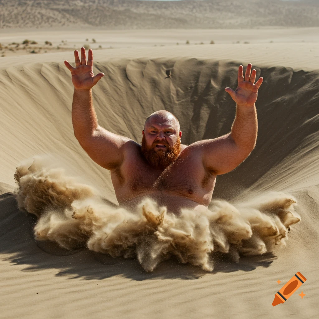 A large bald, red-bearded man in a desert sand pit, arms raised, with sand exploding around him as he sinks. Photorealistic.