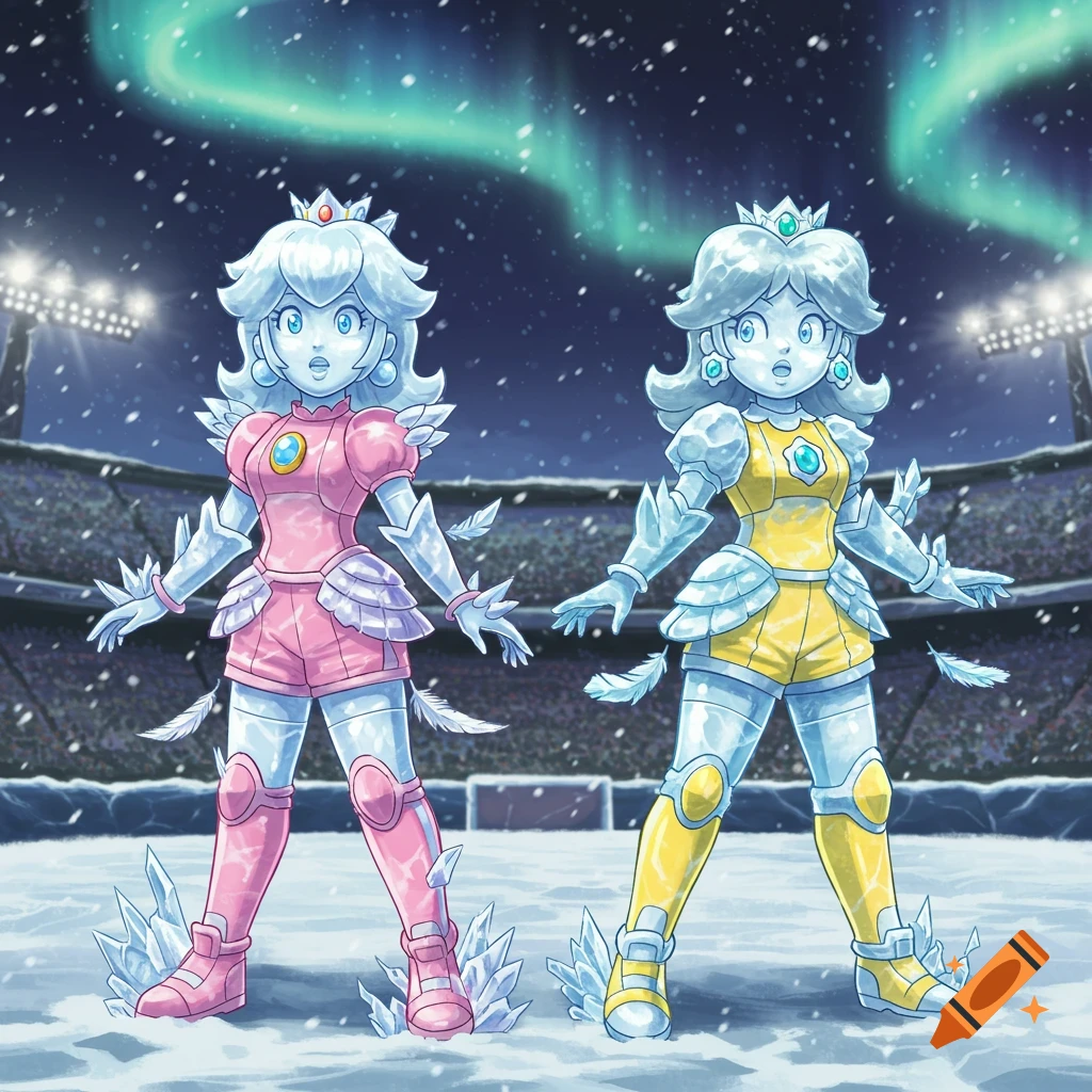Princess Peach and Daisy in their Strikers Charged outfits, frozen as ice statues with surprised expressions, in a snowy stadium under aurora borealis.
