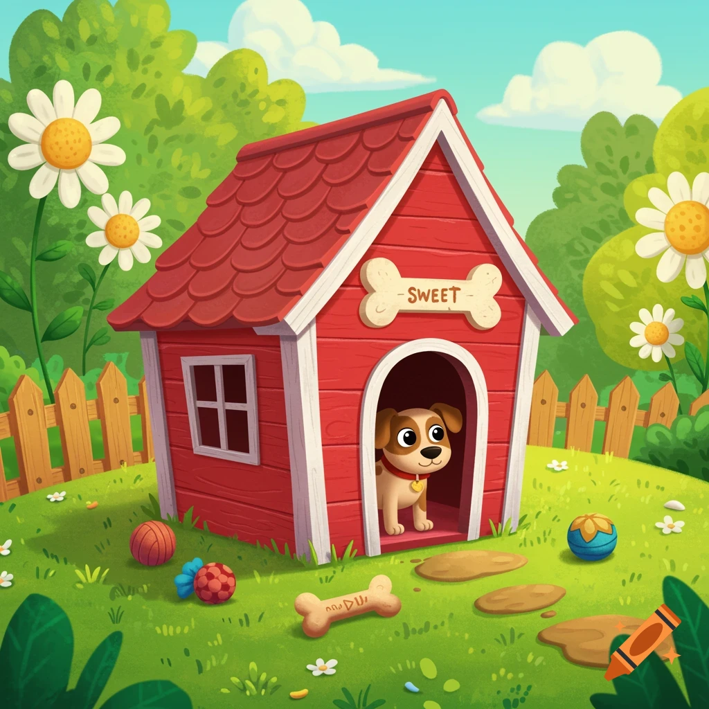 A cute cartoon dog peeking out of a red doghouse in a vibrant green garden with daisies, a wooden fence, and toys. A bone-shaped sign above the entrance reads "SWEET."
