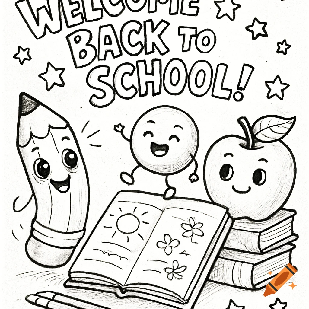A black and white coloring page with happy school supplies, books, an apple, and a pencil, with text 'WELCOME BACK TO SCHOOL!' and stars.