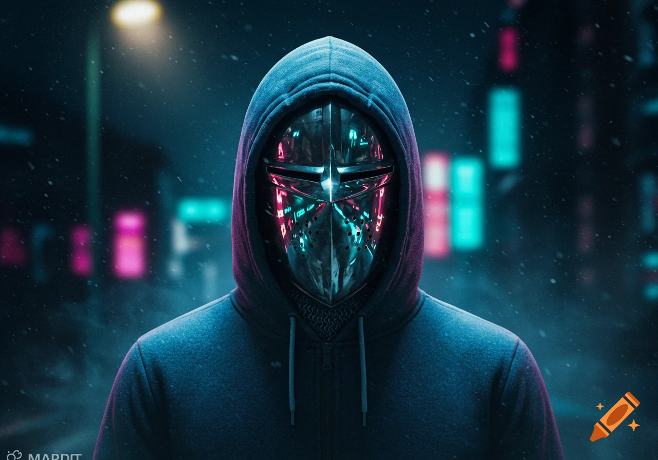 A person in a dark hoodie and a metallic knight helmet with neon reflections stands in a snowy, blurry cyberpunk city street at night.