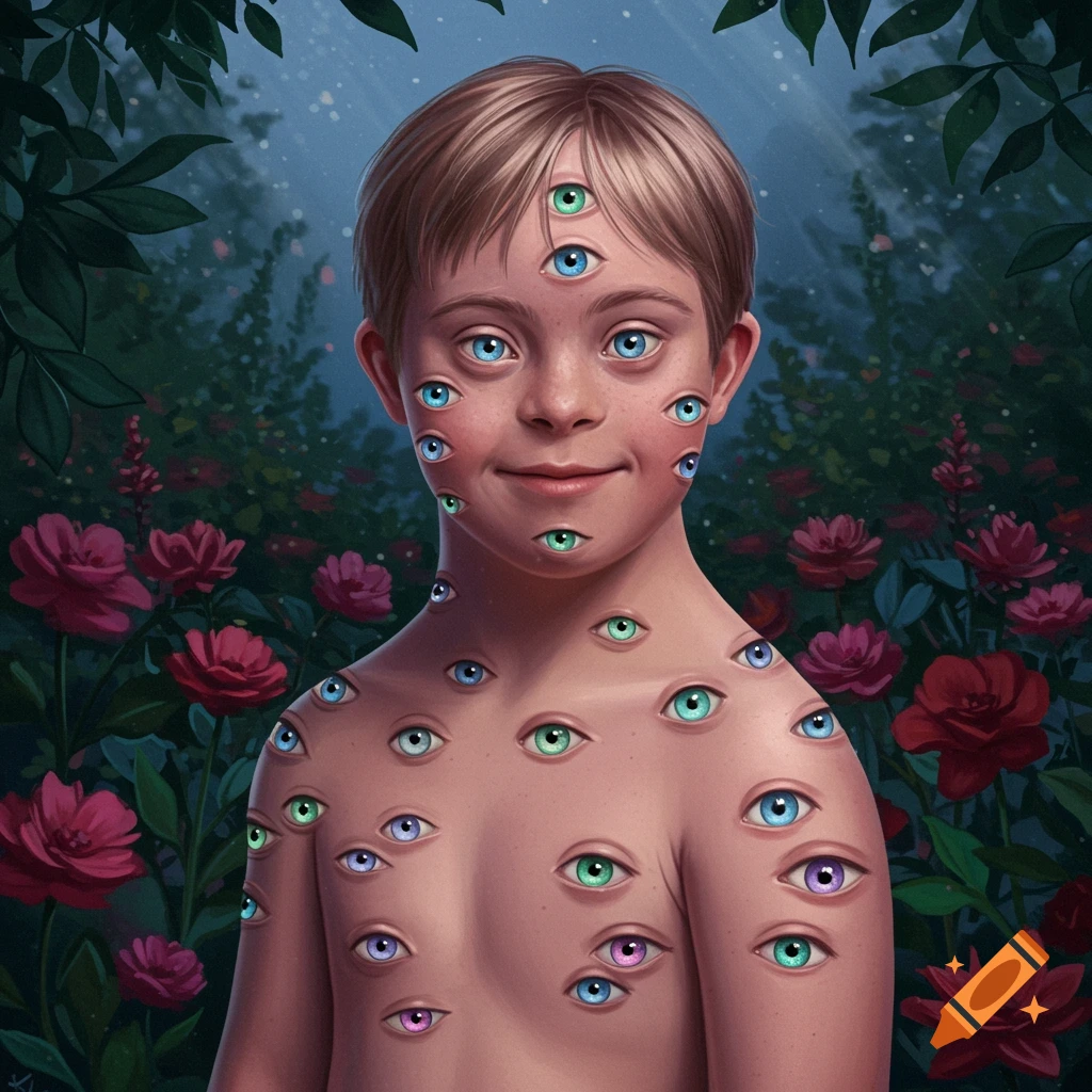 An illustrated portrait of a child-like figure with multiple colorful eyes covering their face and body, set in a dark, leafy garden with red flowers.