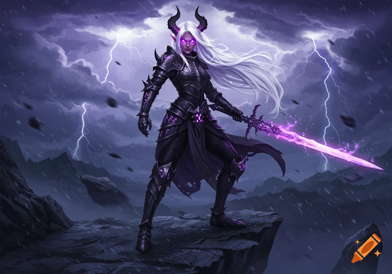 A white-haired demon hunter with horns and glowing purple eyes, clad in black armor, stands on a rocky cliff holding a luminous purple sword, with lightning striking in the stormy sky.