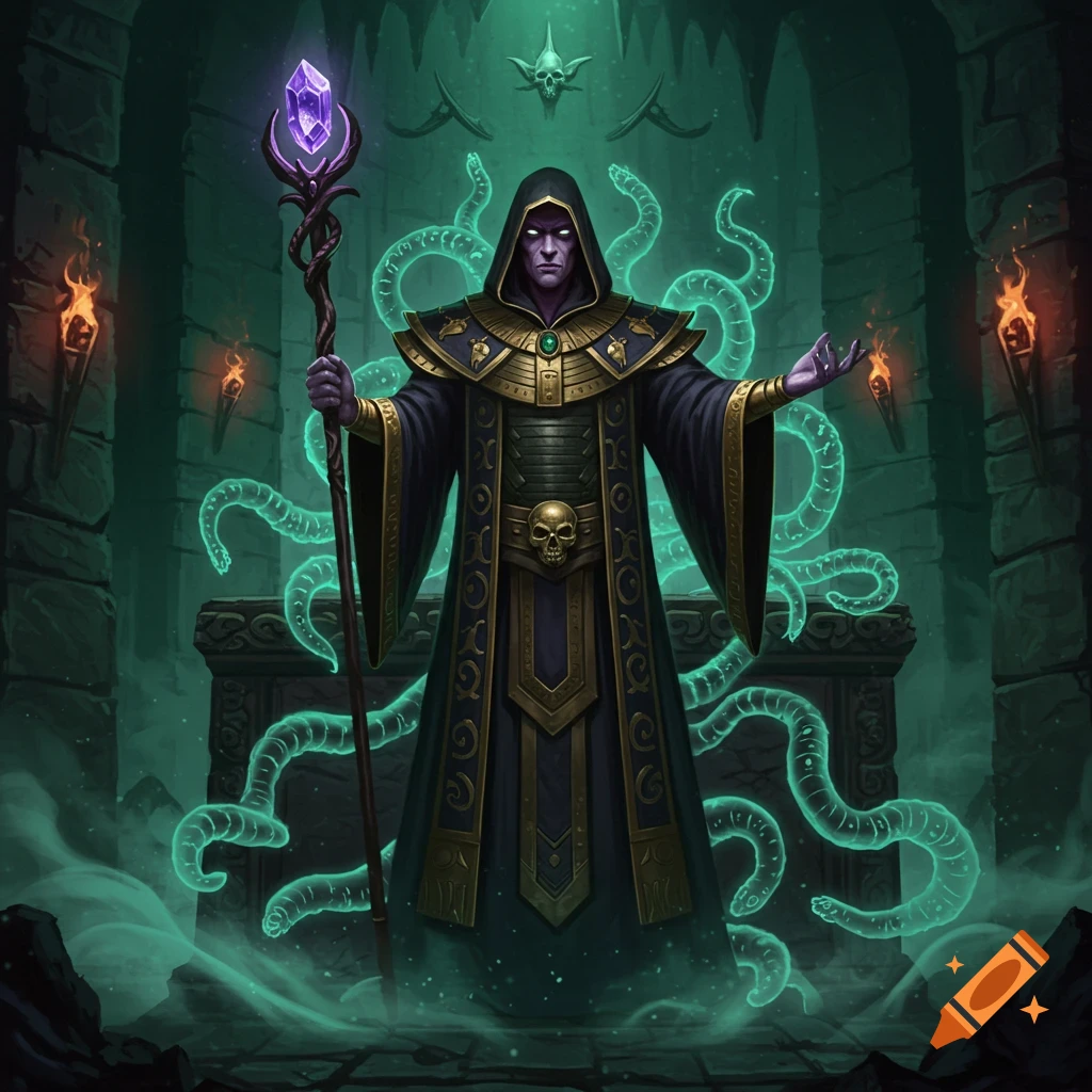 A dark wizard with purple skin and glowing eyes stands in a green-lit dungeon, holding a glowing purple staff amidst ethereal green tentacles.