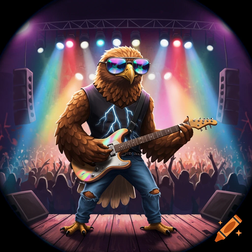 An eagle wearing reflective sunglasses and ripped jeans, playing an electric guitar on a brightly lit stage in front of a cheering crowd.