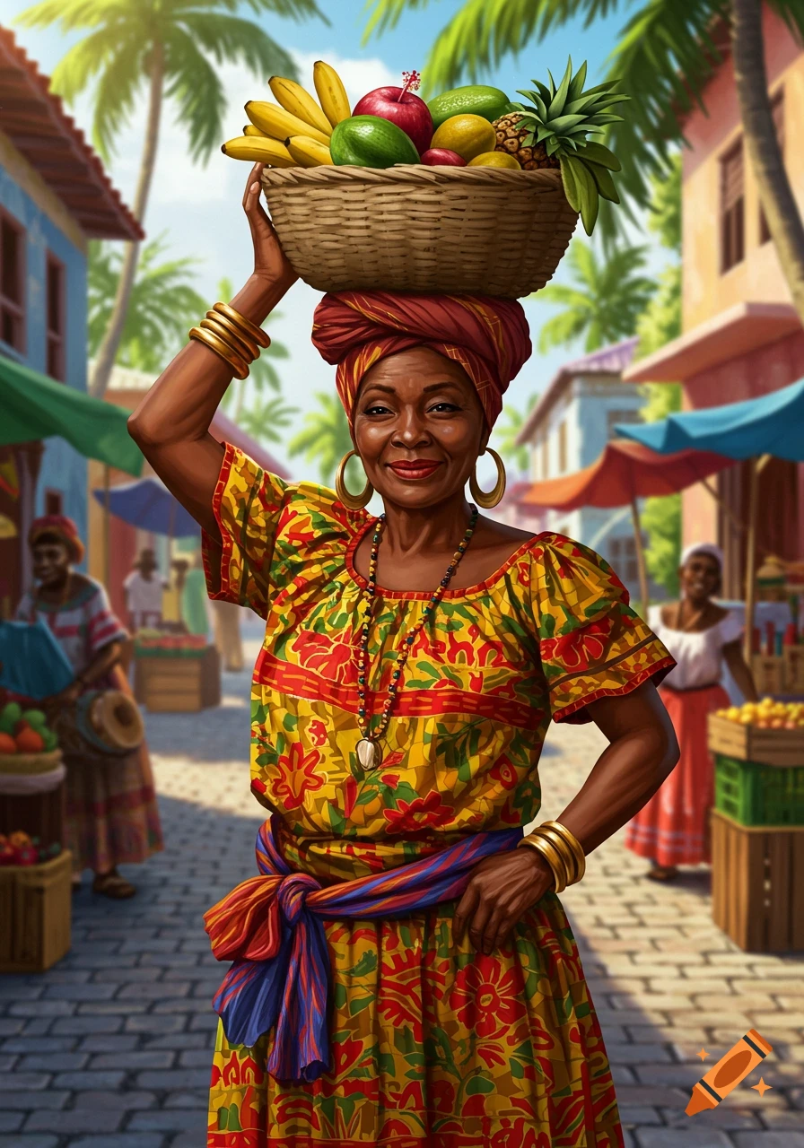 A smiling Black woman in a colorful traditional dress carries a large basket of tropical fruits on her head in a vibrant market street.