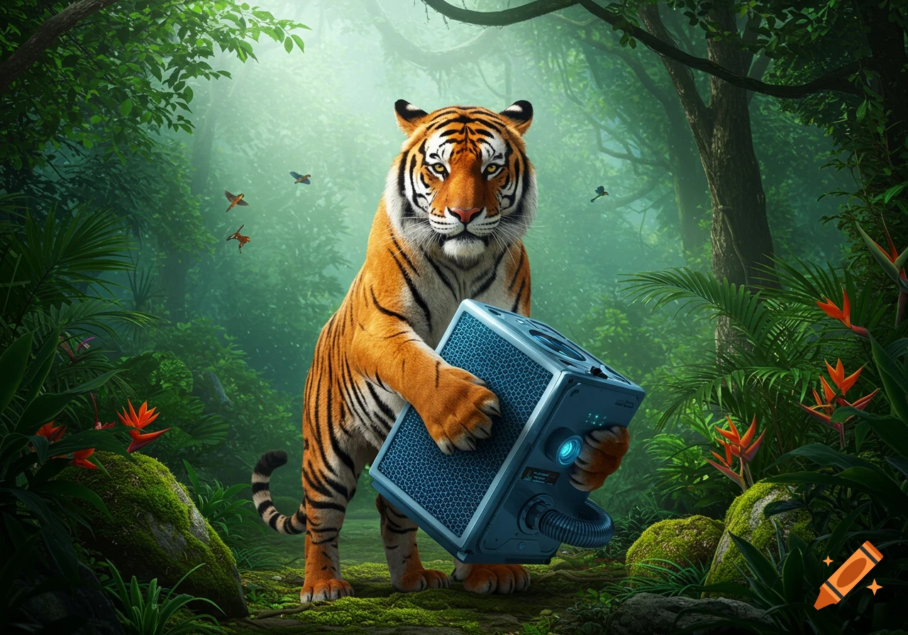A photorealistic tiger stands in a lush green jungle, holding a futuristic blue and gray air filter device.