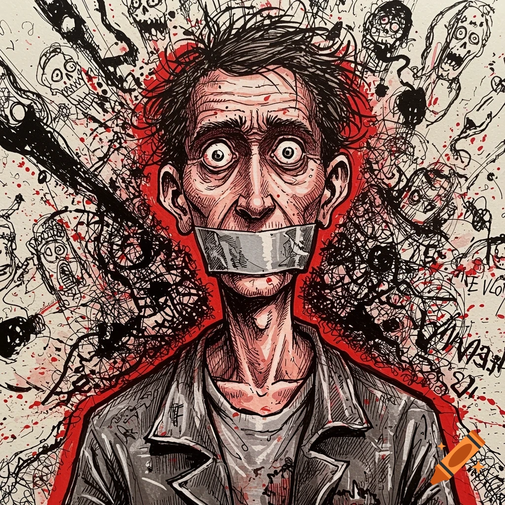 A man with wide, fearful eyes and taped mouth, surrounded by chaotic scribbles, red splatters, and distorted faces in Ralph Steadman's style.
